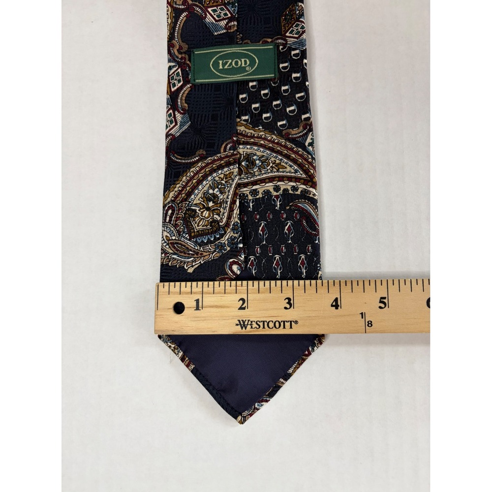 Izod Mens Silk Necktie Navy Blue Paisley Geometric Foulard Print Made in USA - Picture 5 of 9